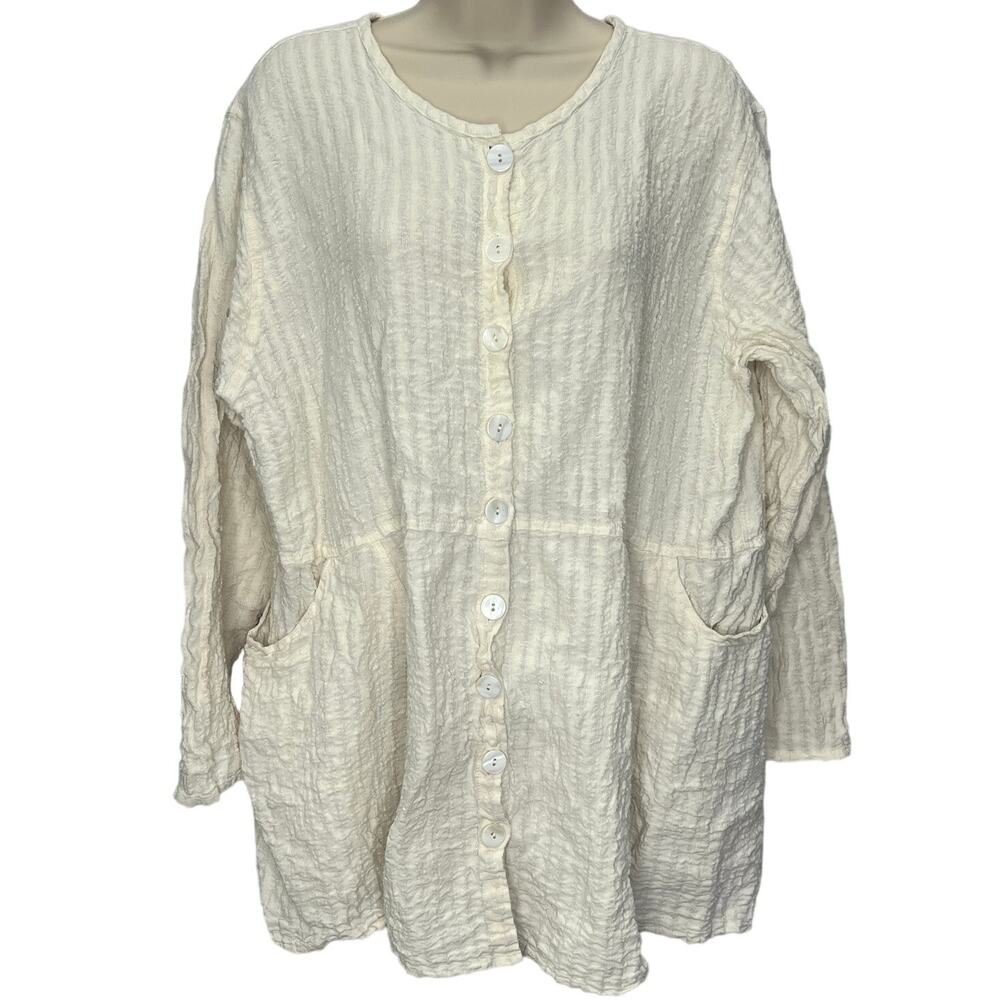 FLAX Linen Cardigan Shirt Size S Ivory White Button Front Long Sleeve Ribbed